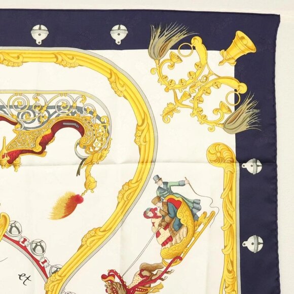 HERMES Carre 90 Scarf ""Plumes et Grelots"" Silk Navy - Picture 4 of 14